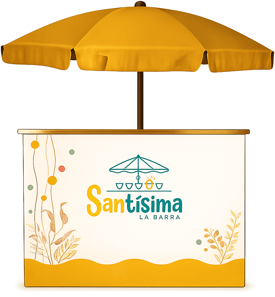 La barra Santísima montada: sombrilla mostaza y frente con el logo de la marca