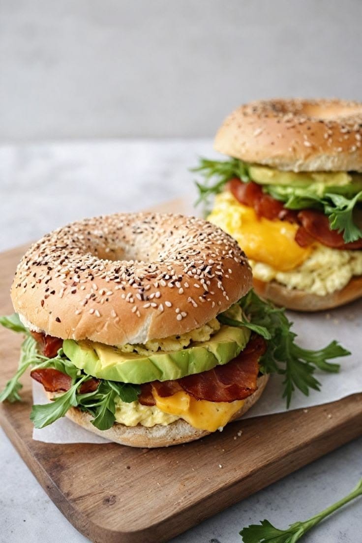 Bagel de ajonjolí relleno de huevo, tocineta y aguacate