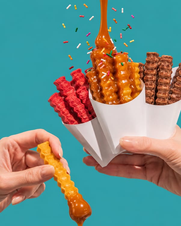 Cookie fries de red velvet, caramelo y chocolate en cajitas, con salsa cayendo